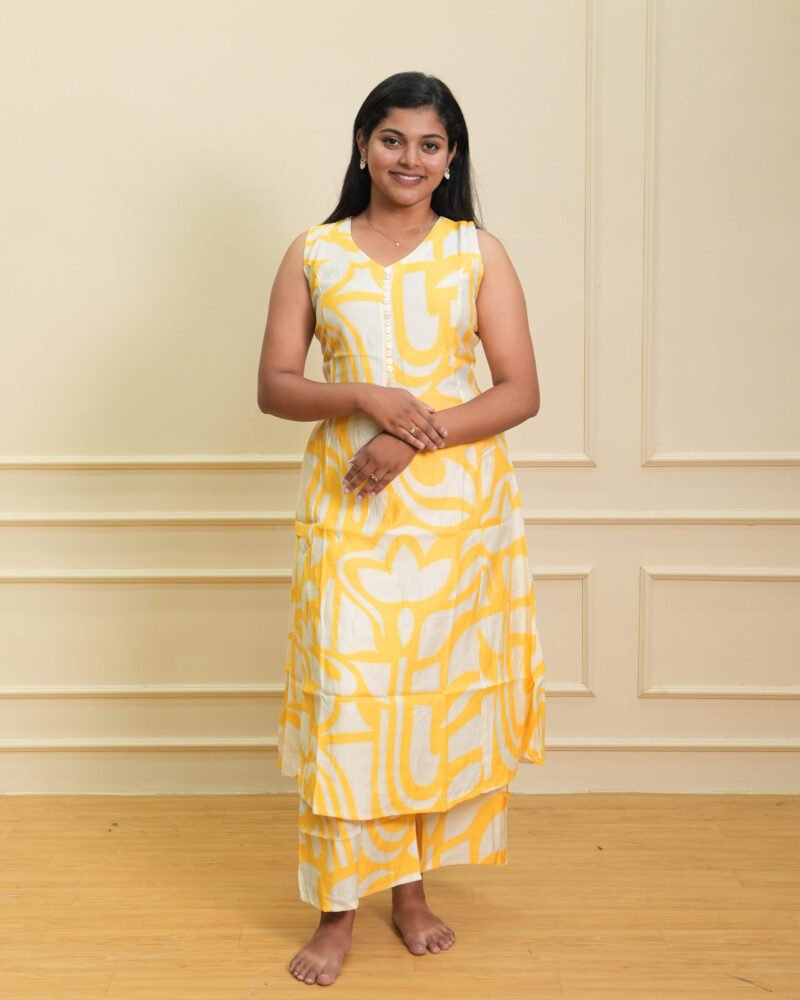 Yellow Abstract Printed Sleeveless Kurti with Pants Set