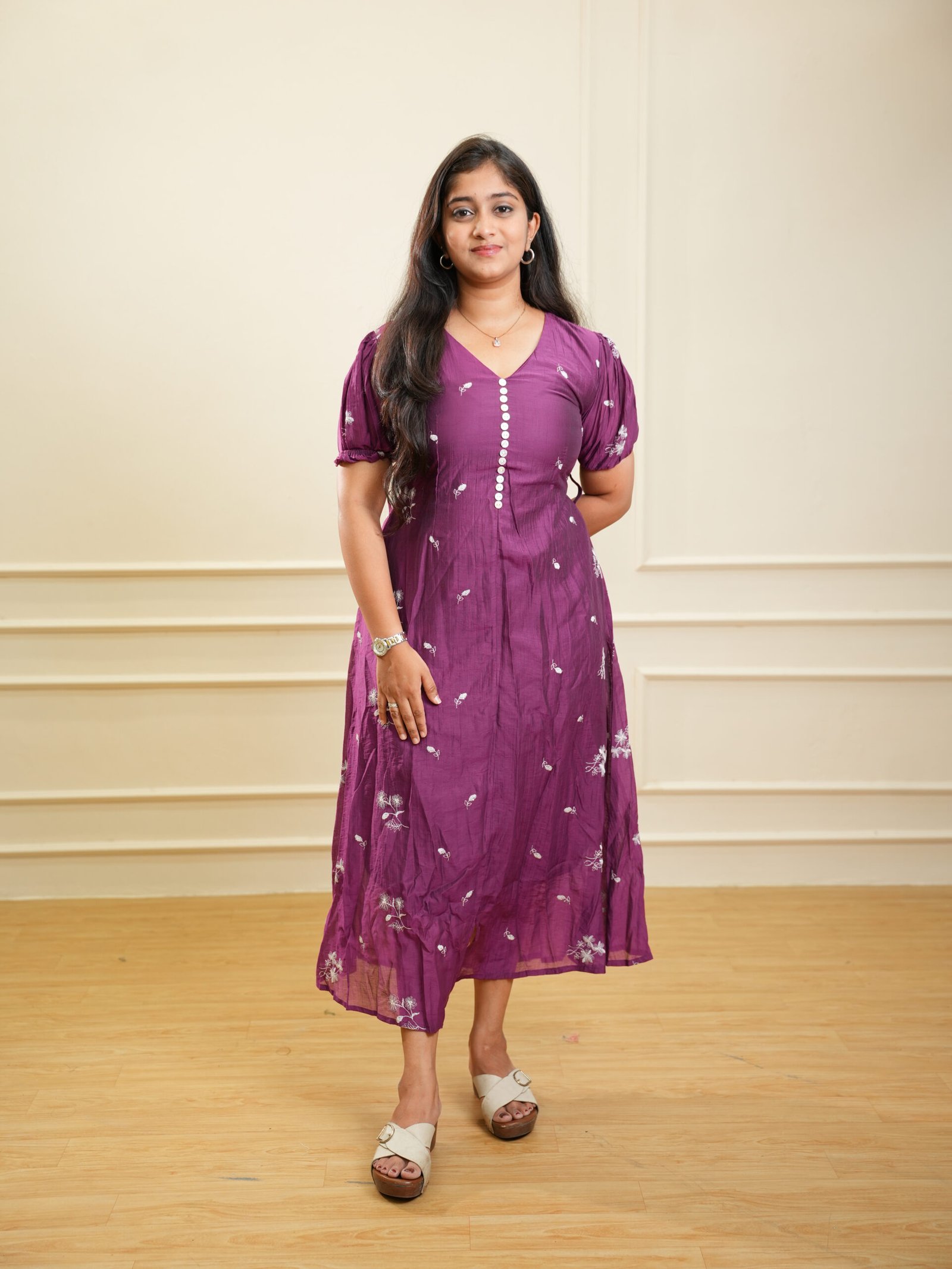 Plum Embroidered Midi Dress