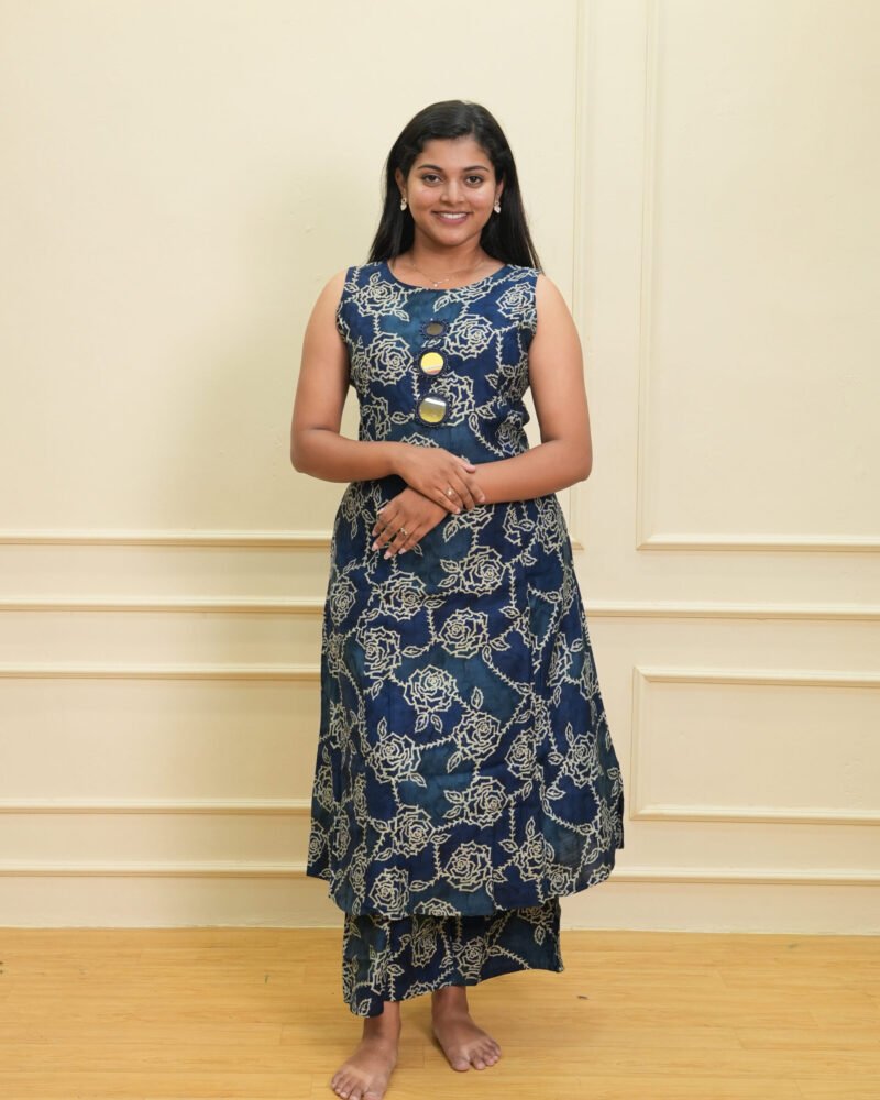 Navy Blue Sleeveless Floral Printed Kurta with Matching Pant Set