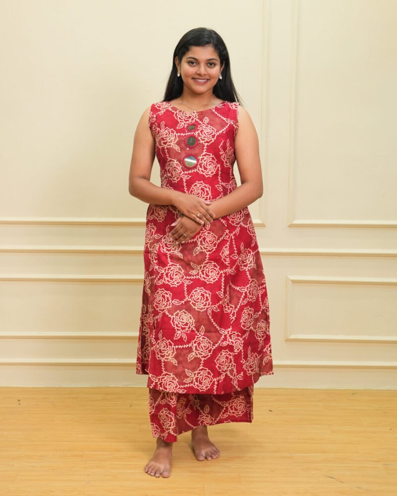 Maroon Floral Printed Sleeveless Kurti with Pants Set