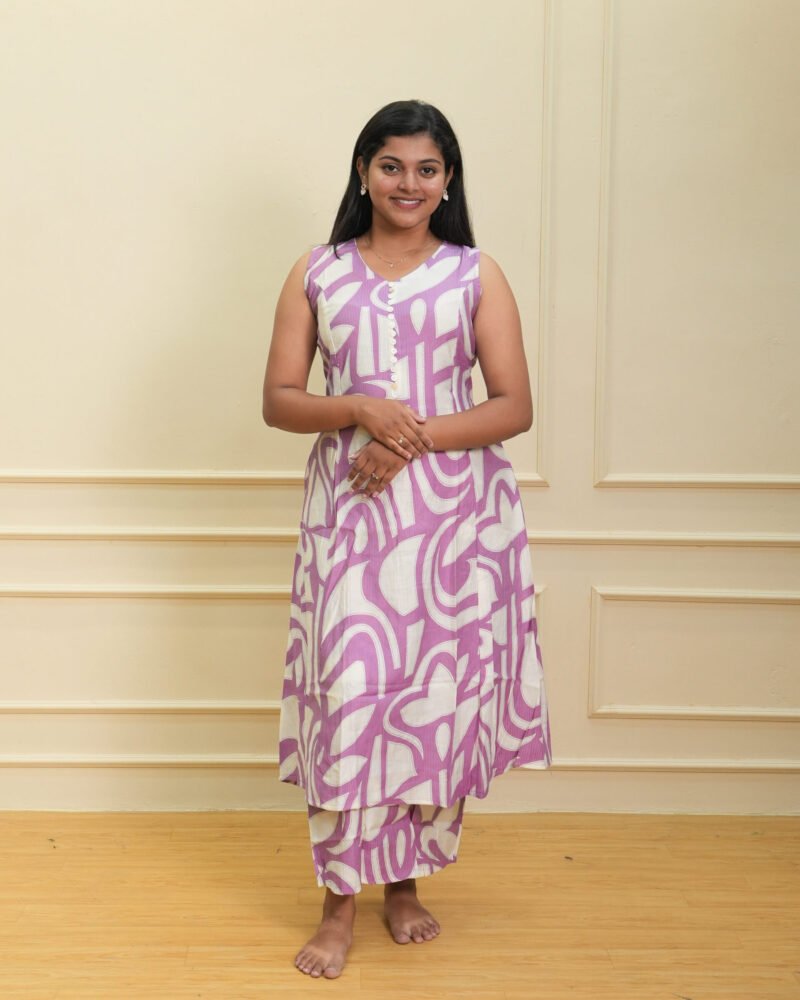 Lavender Abstract Printed Sleeveless Kurti with Pants Set