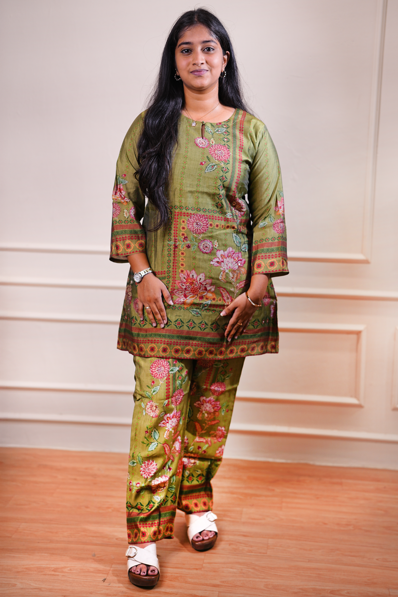 Printed Kurta Set – Olive Green