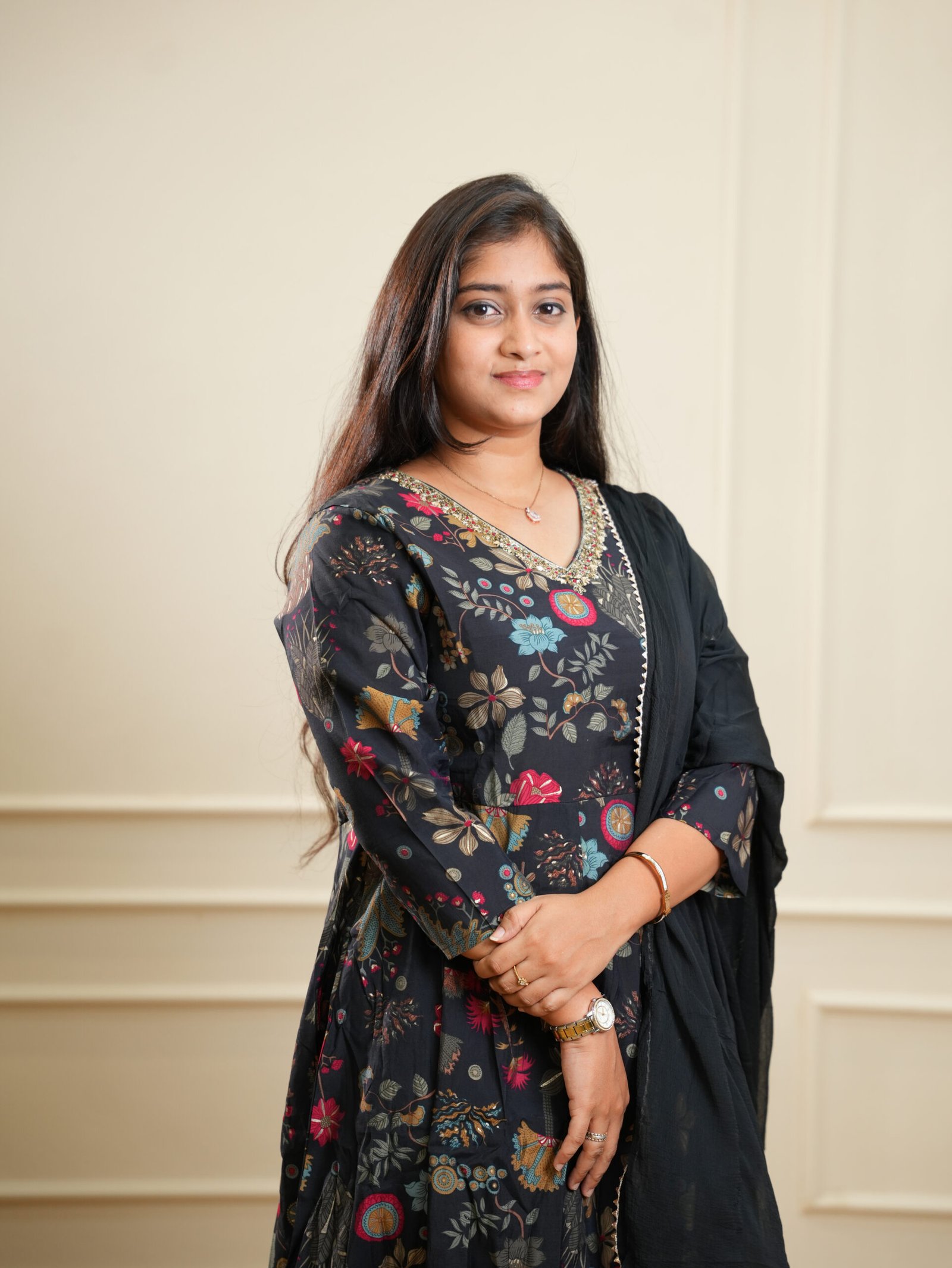 Black Floral Printed Kurta Set with Dupatta - Image 3