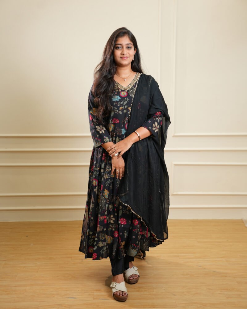 Black Floral Printed Kurta Set with Dupatta