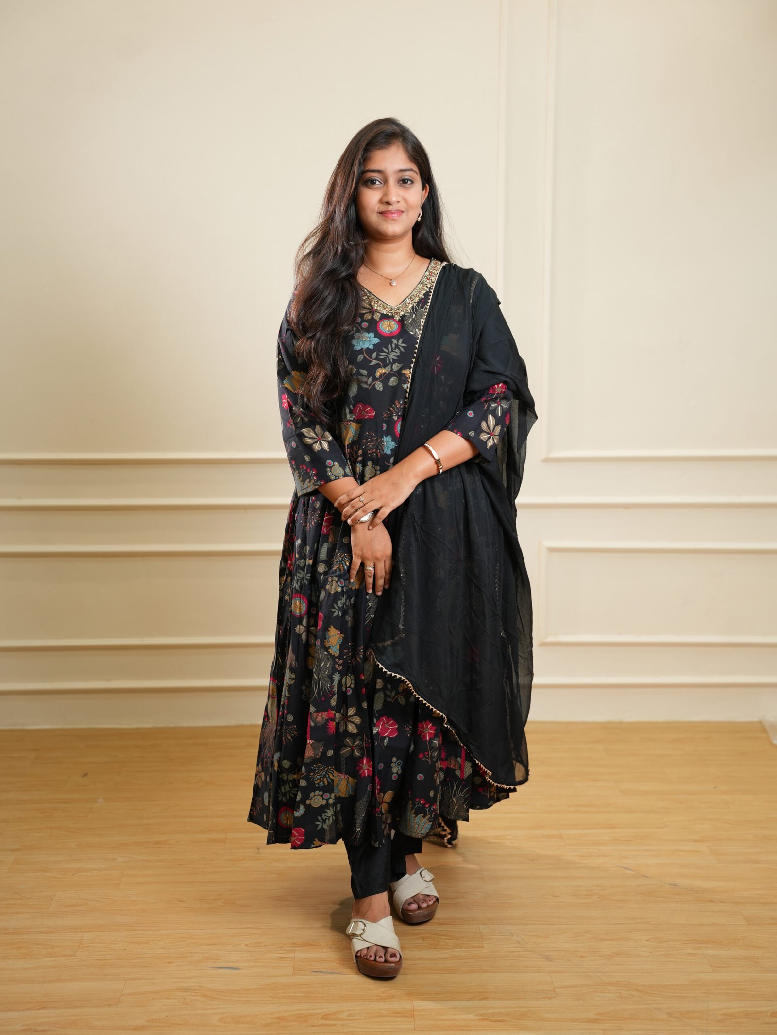 Black Floral Printed Kurta Set with Dupatta