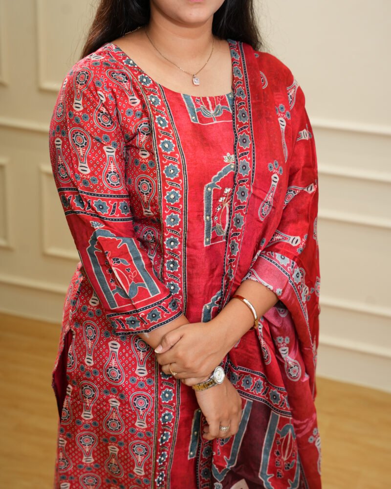 Red Traditional Printed Kurta Set with Dupatta