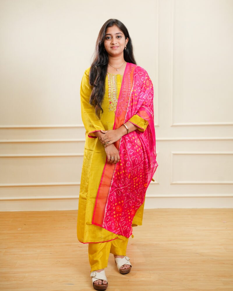 Yellow Printed Kurta Set with Pink Dupatta