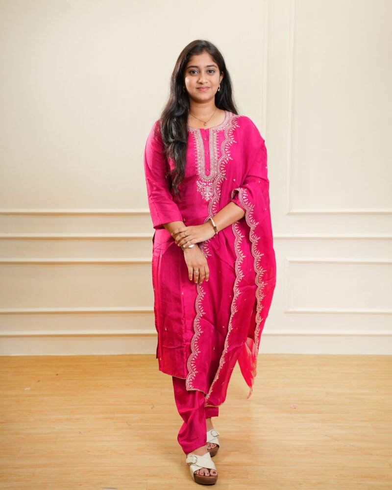 Fuchsia Pink Embroidered Kurta Set with Dupatta