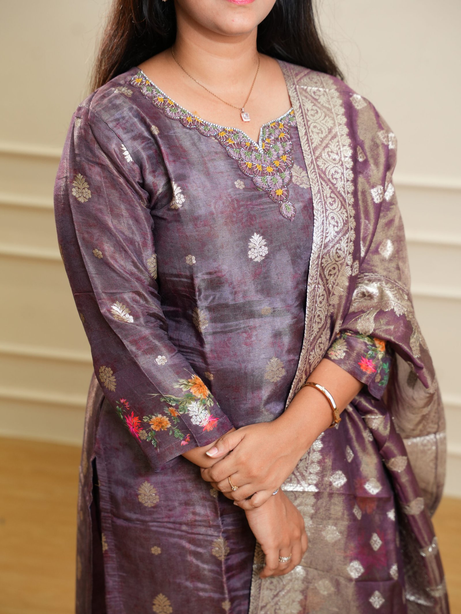 Plum Traditional Printed Kurta Set with Dupatta - Image 2