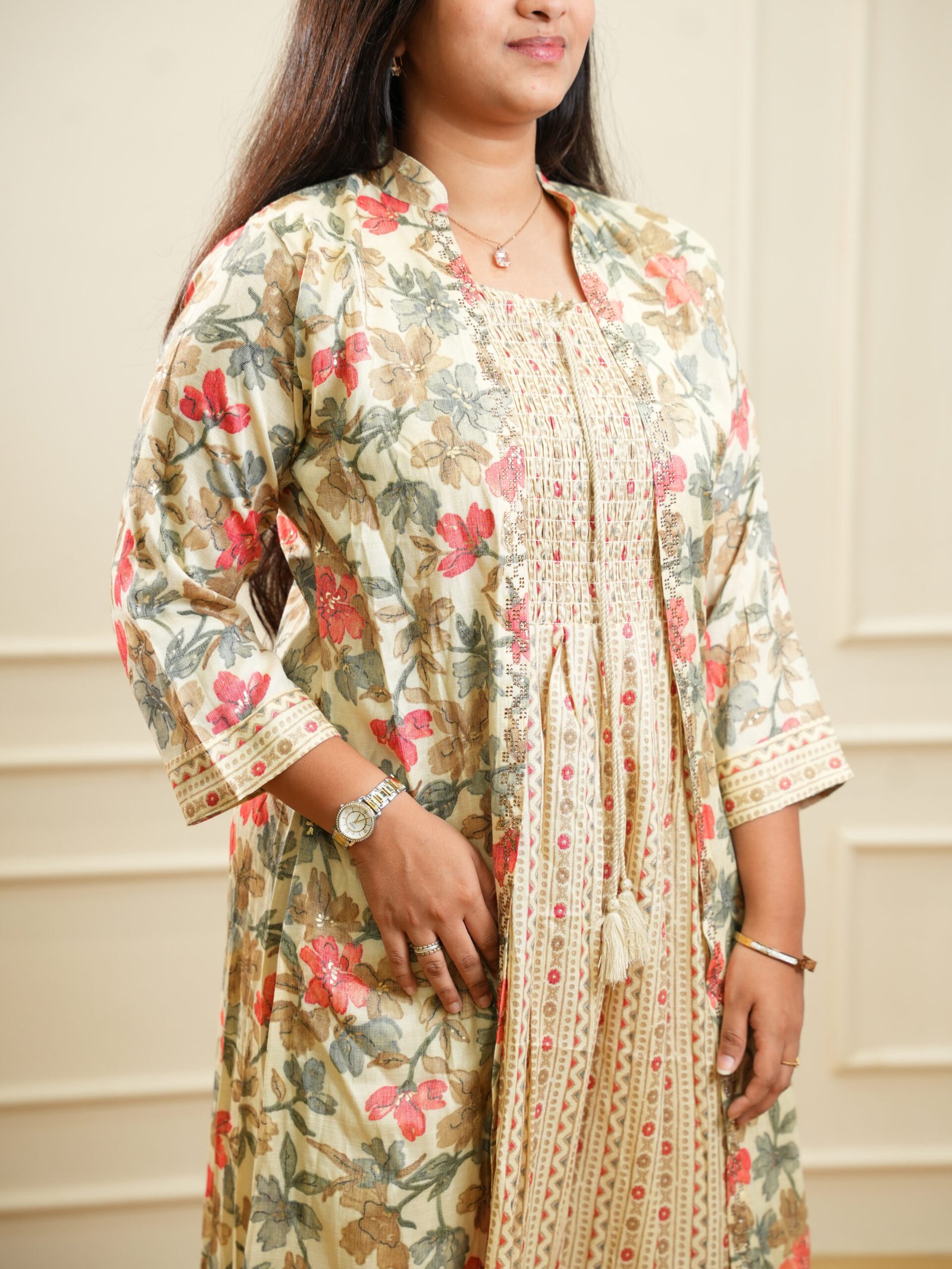 Beige Floral Printed Layered Midi Dress - Image 2