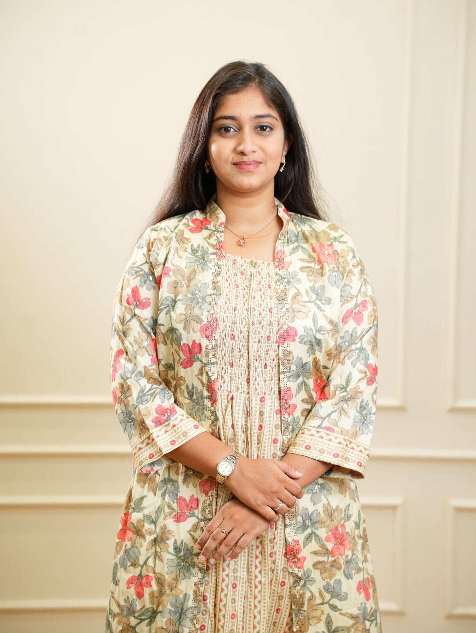 Beige Floral Printed Layered Midi Dress - Image 3