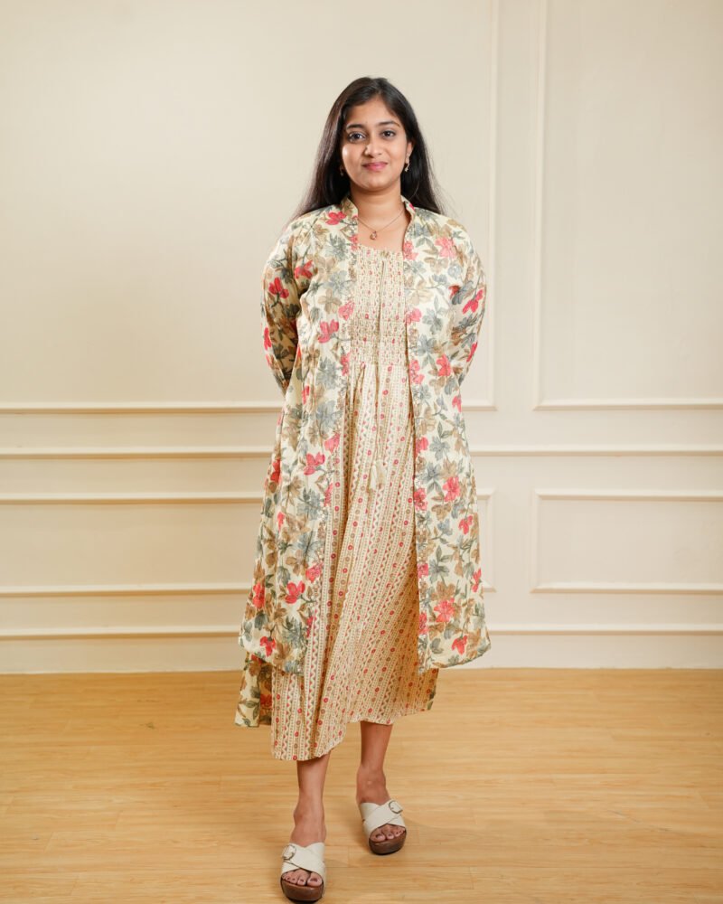 Beige Floral Printed Layered Midi Dress