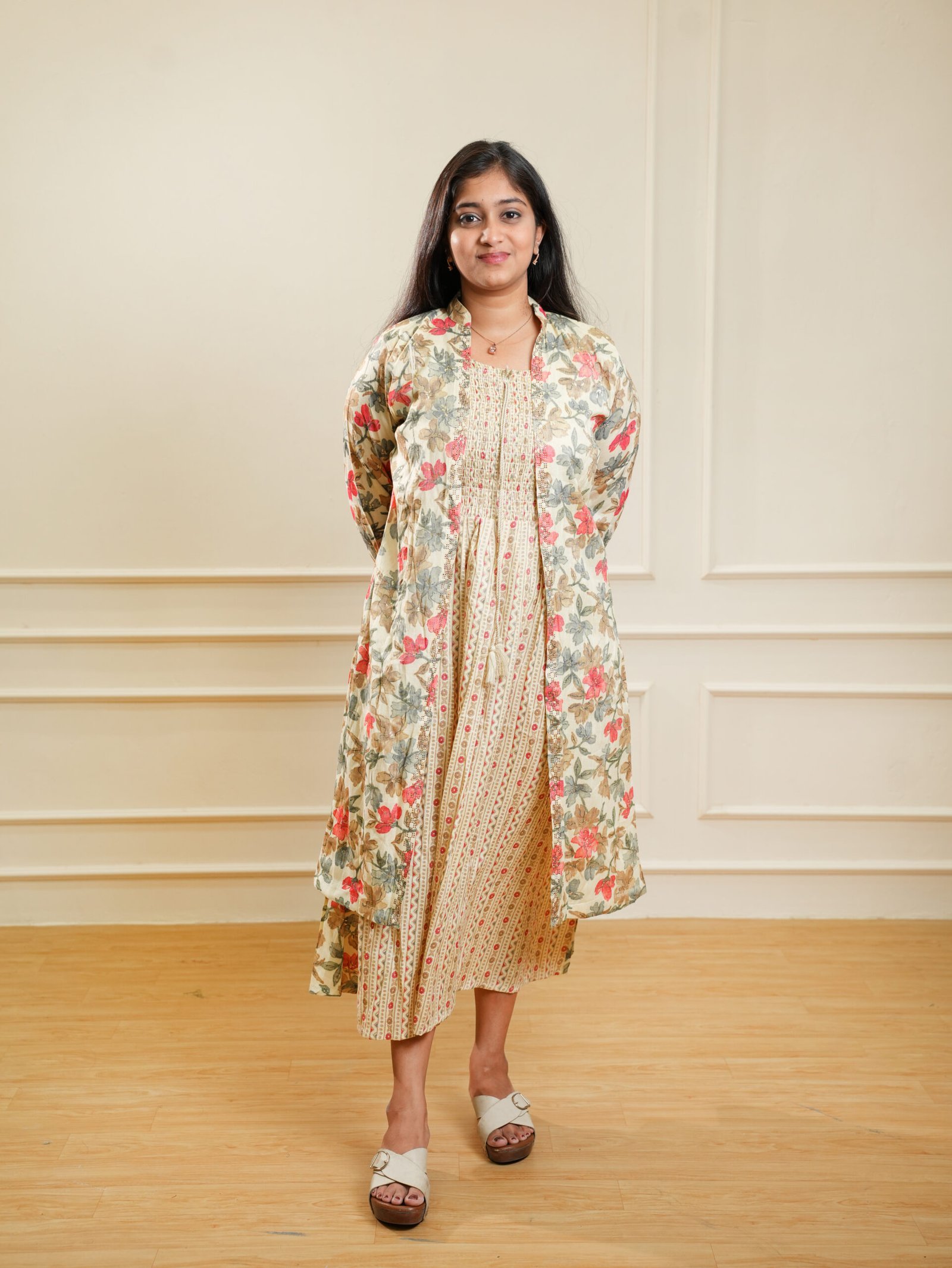 Beige Floral Printed Layered Midi Dress