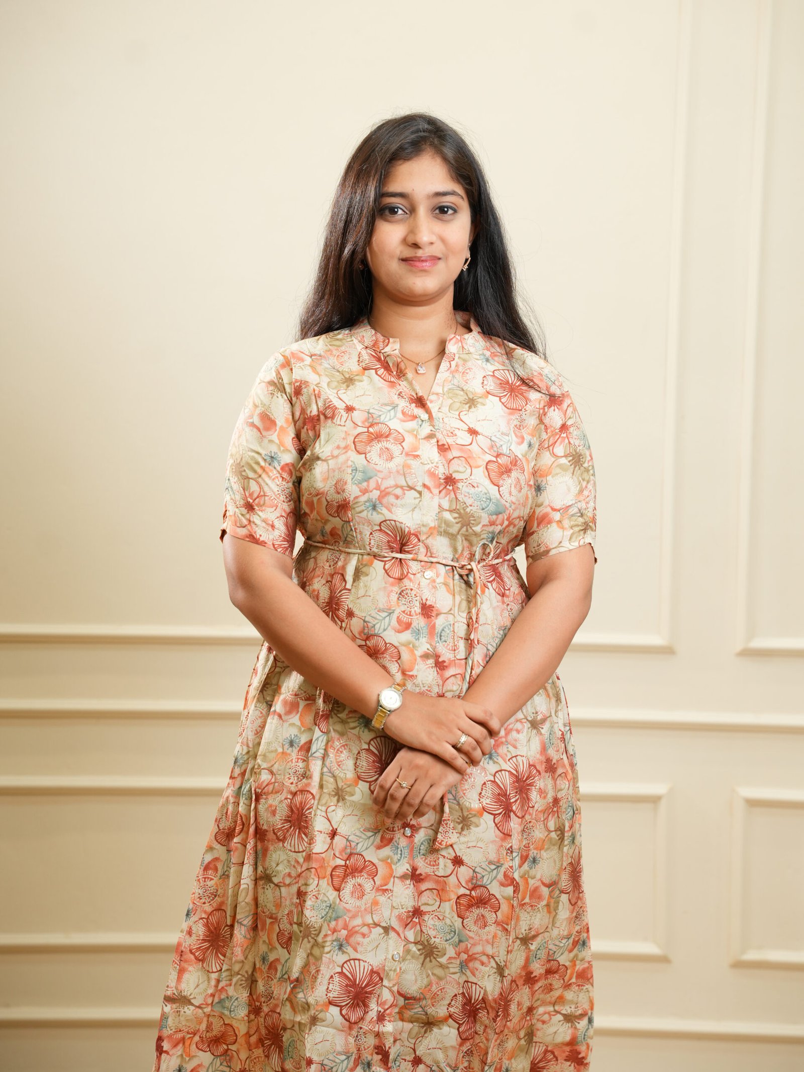 Beige Floral Printed Midi Dress - Image 3
