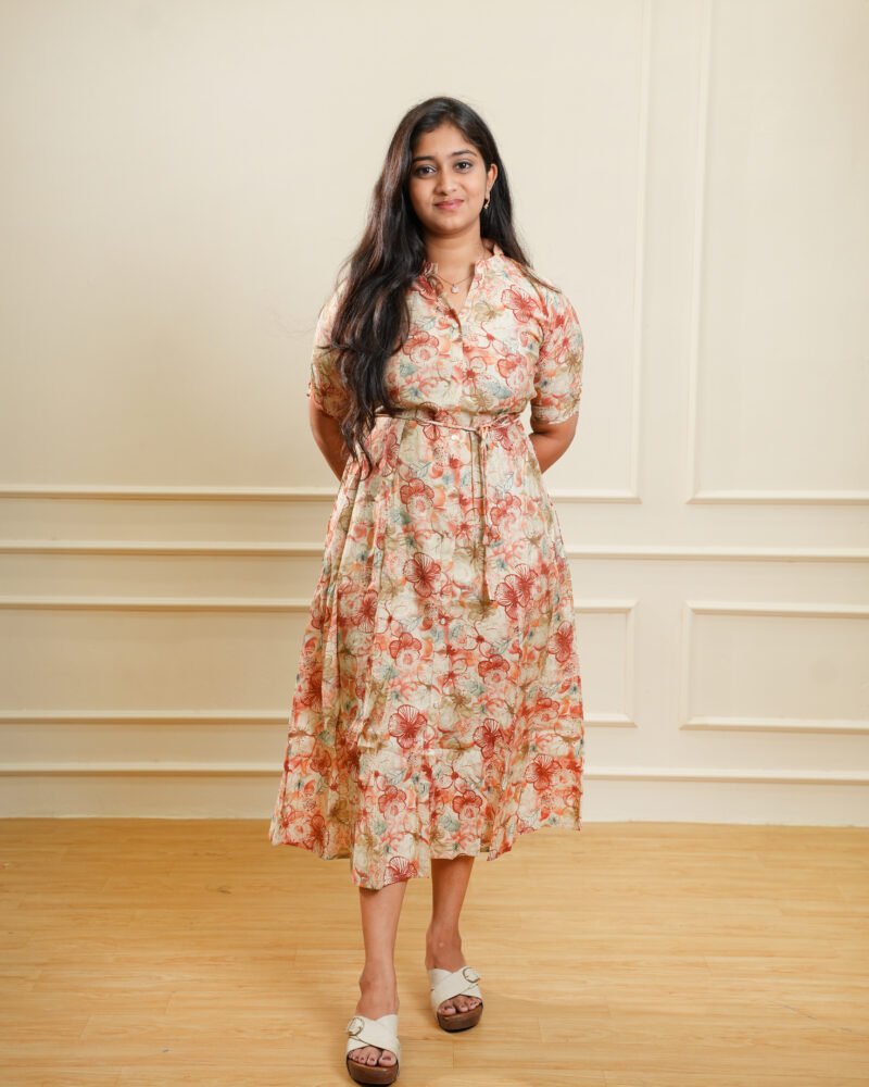 Beige Floral Printed Midi Dress