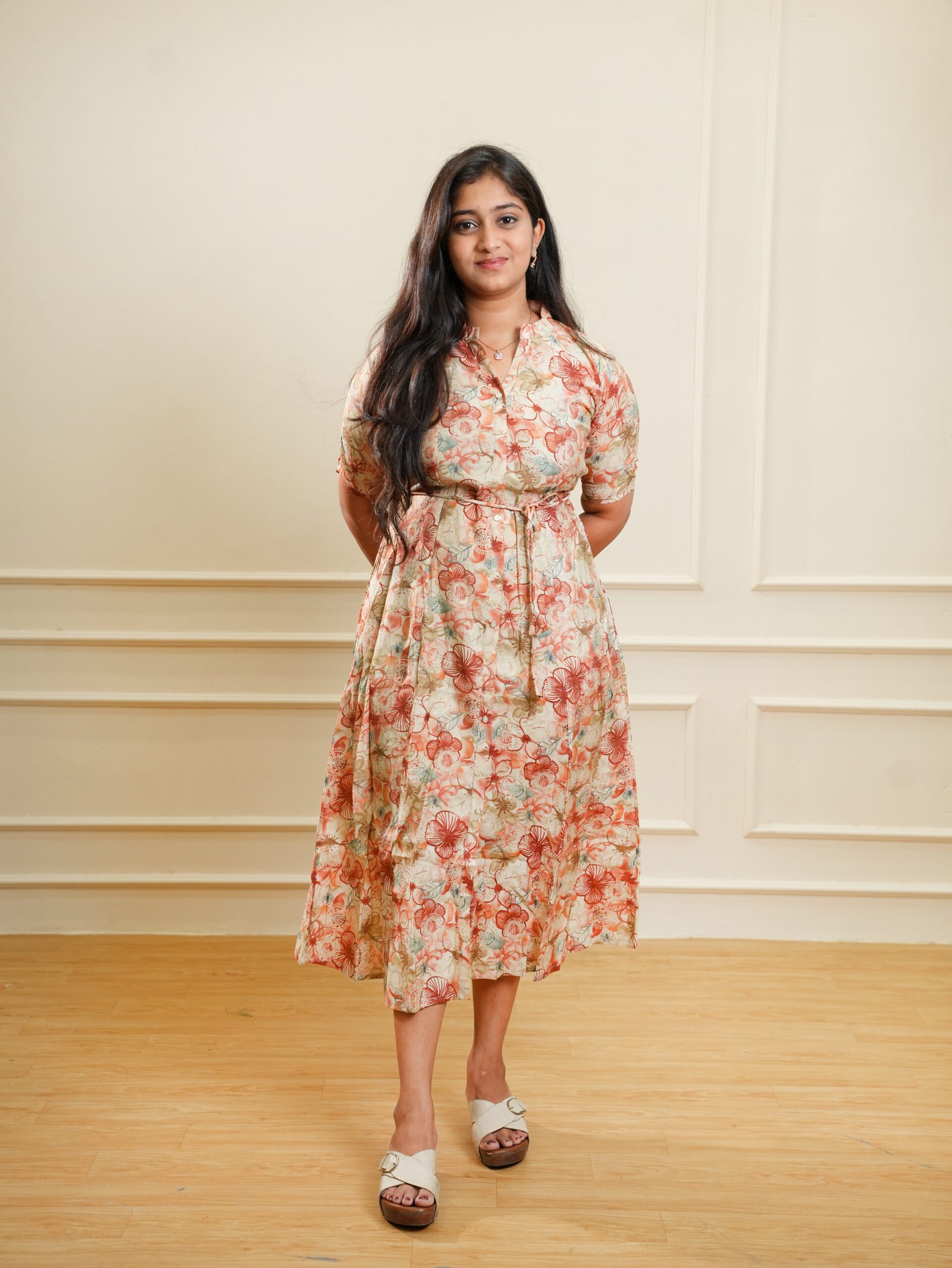 Beige Floral Printed Midi Dress