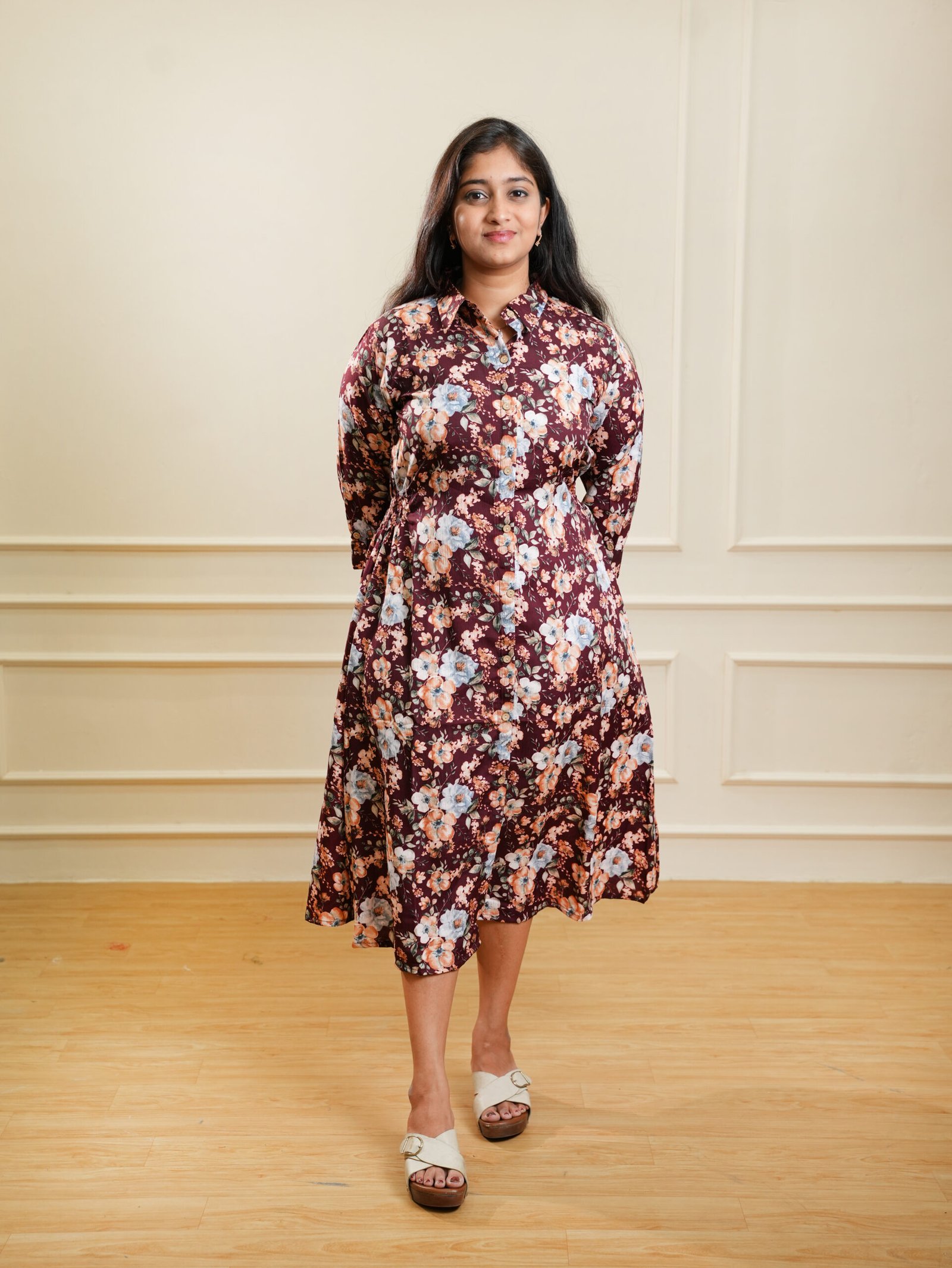 Maroon Floral Printed Midi Dress