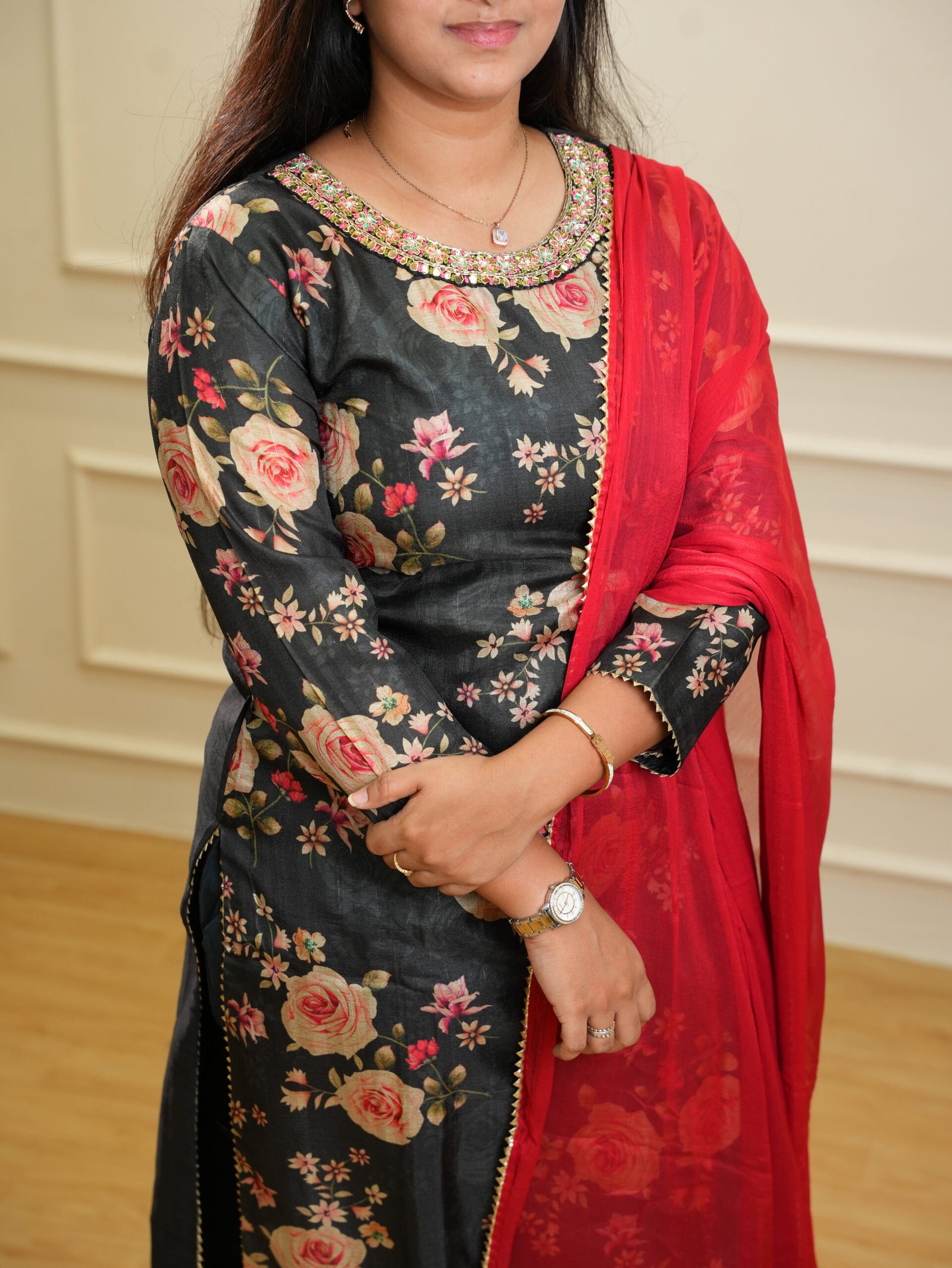 Black Floral Printed Kurta Set with Red Dupatta - Image 2