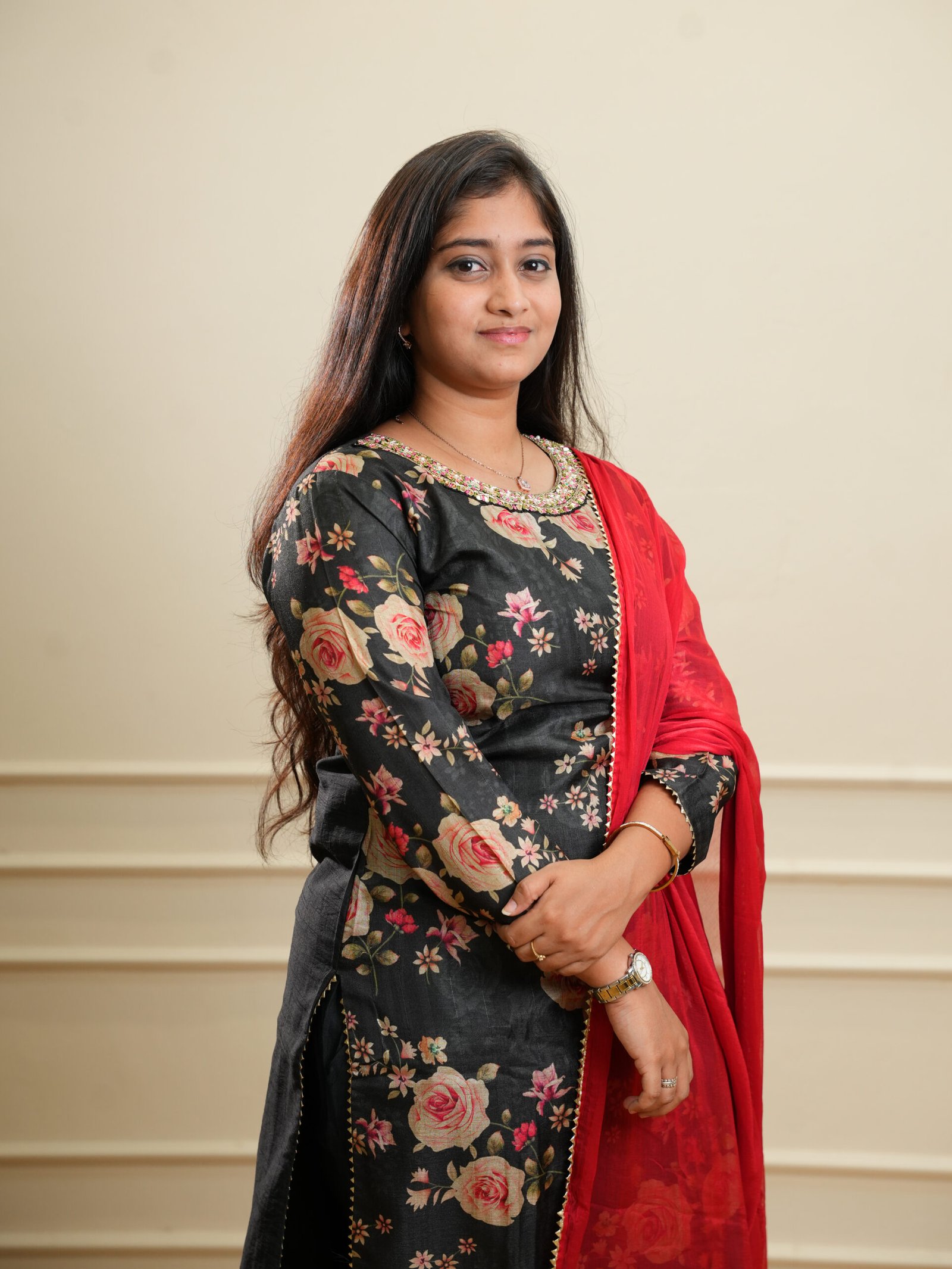 Black Floral Printed Kurta Set with Red Dupatta - Image 3