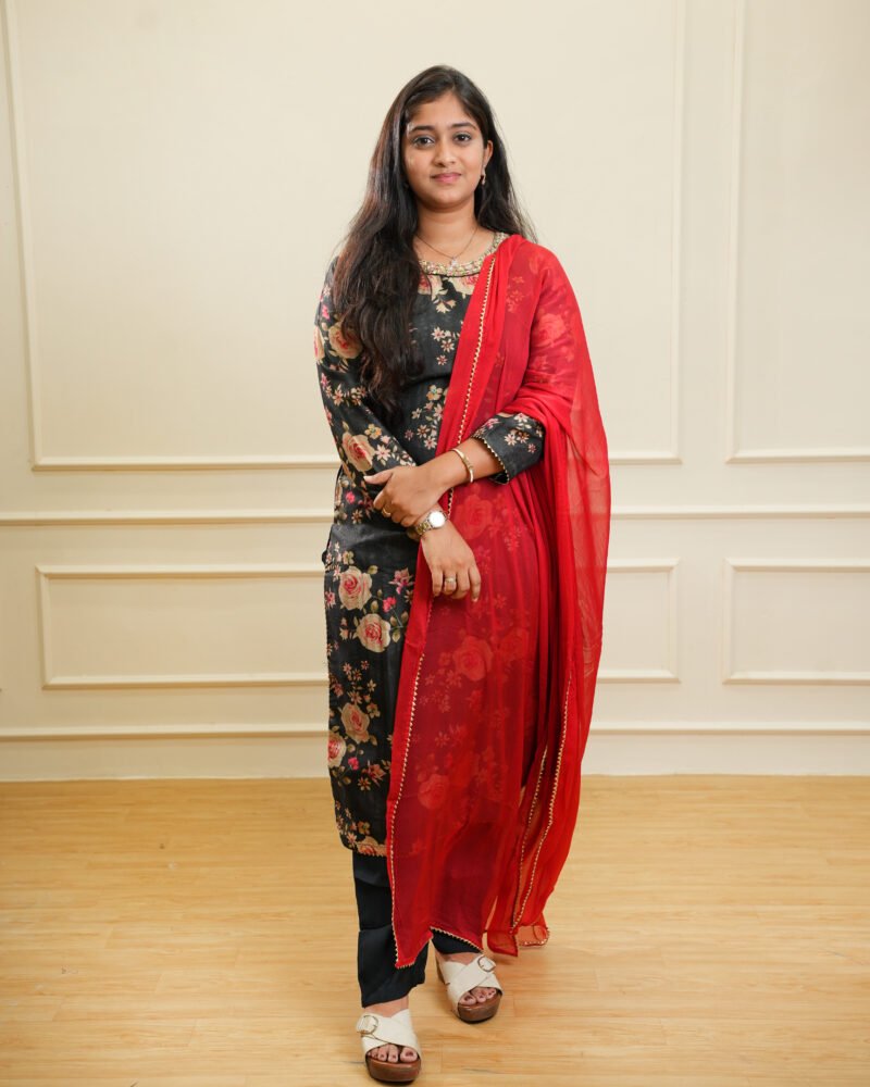Black Floral Printed Kurta Set with Red Dupatta