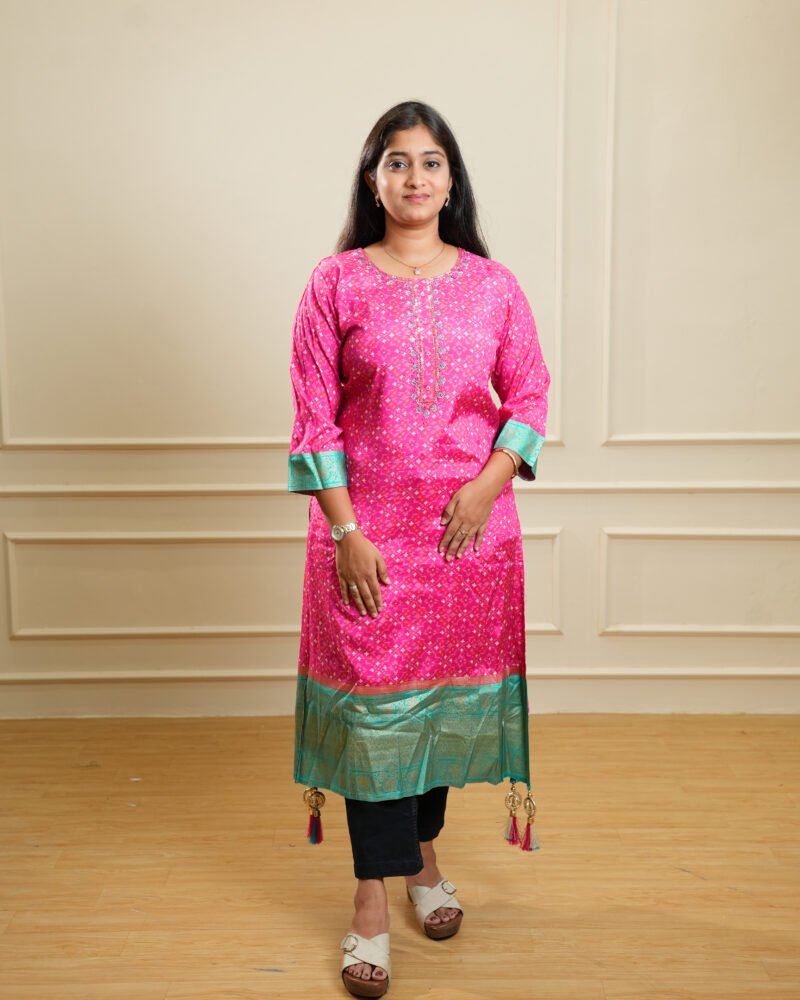 Pink Traditional Woven Border Kurta