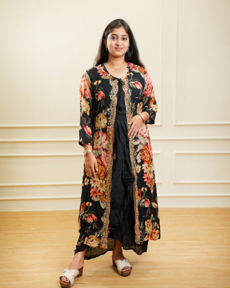 Black Floral Layered Ethnic Kurta
