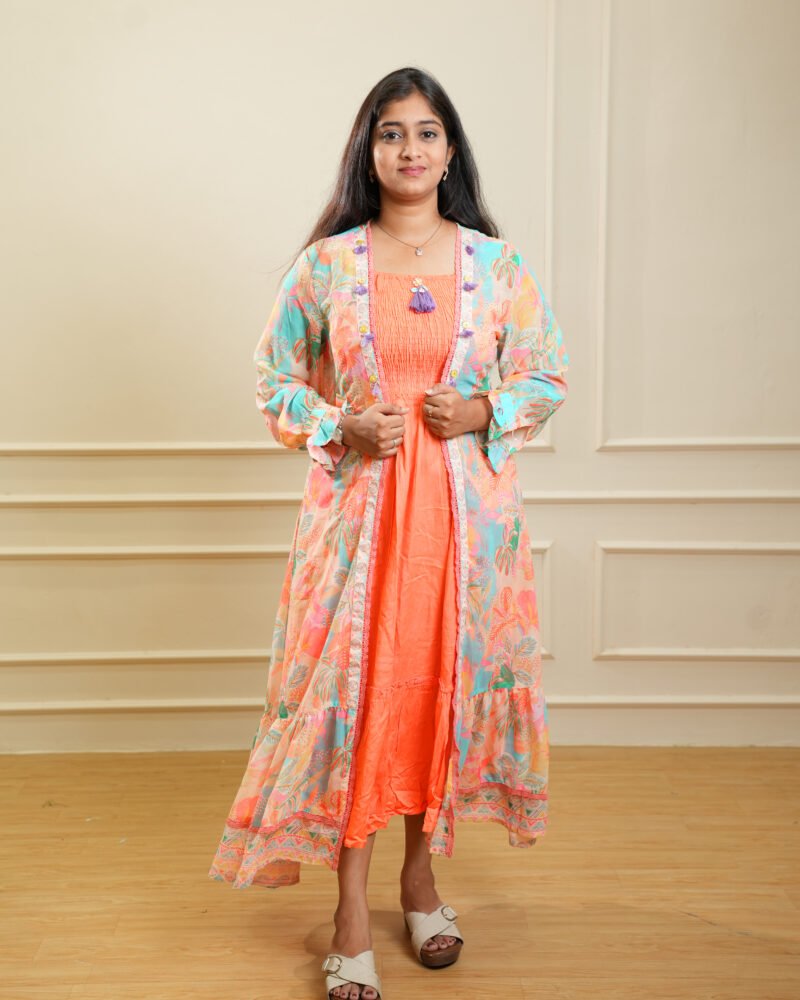 Peach Floral Layered Ethnic Kurta Set