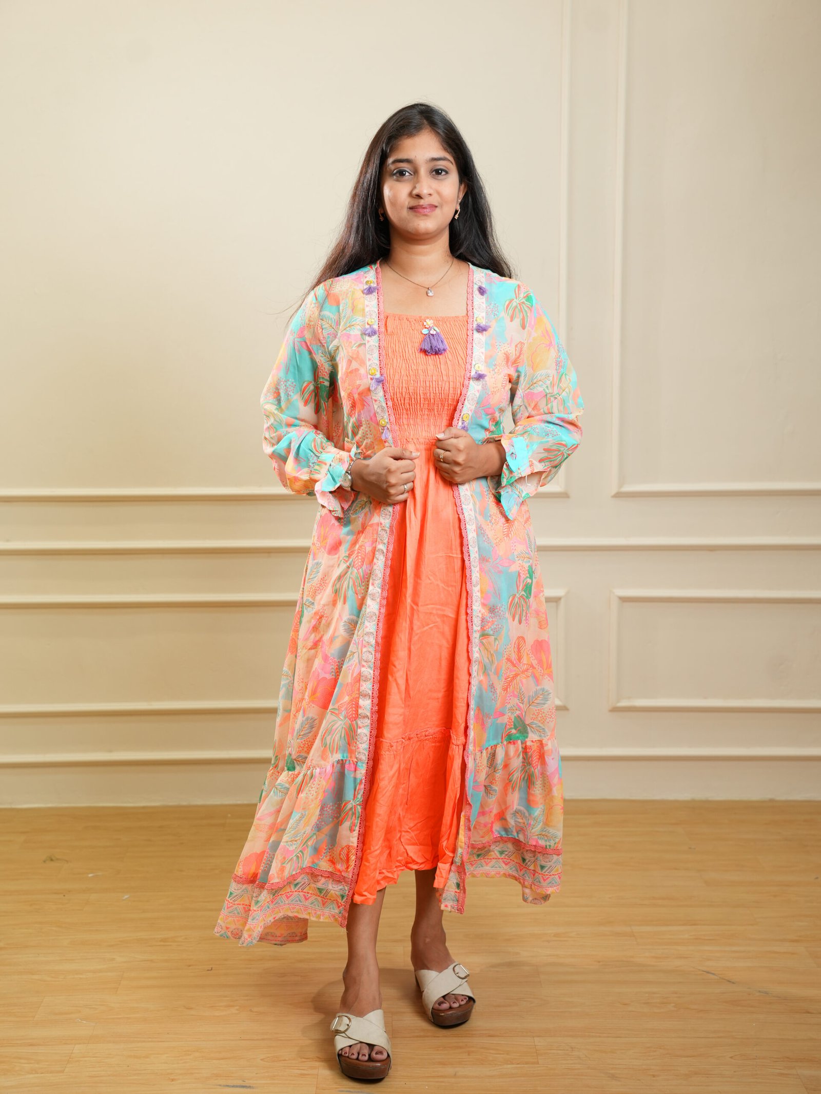 Peach Floral Layered Ethnic Kurta Set