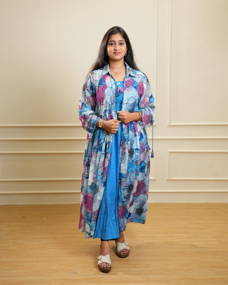 Blue Floral Layered Ethnic Kurta
