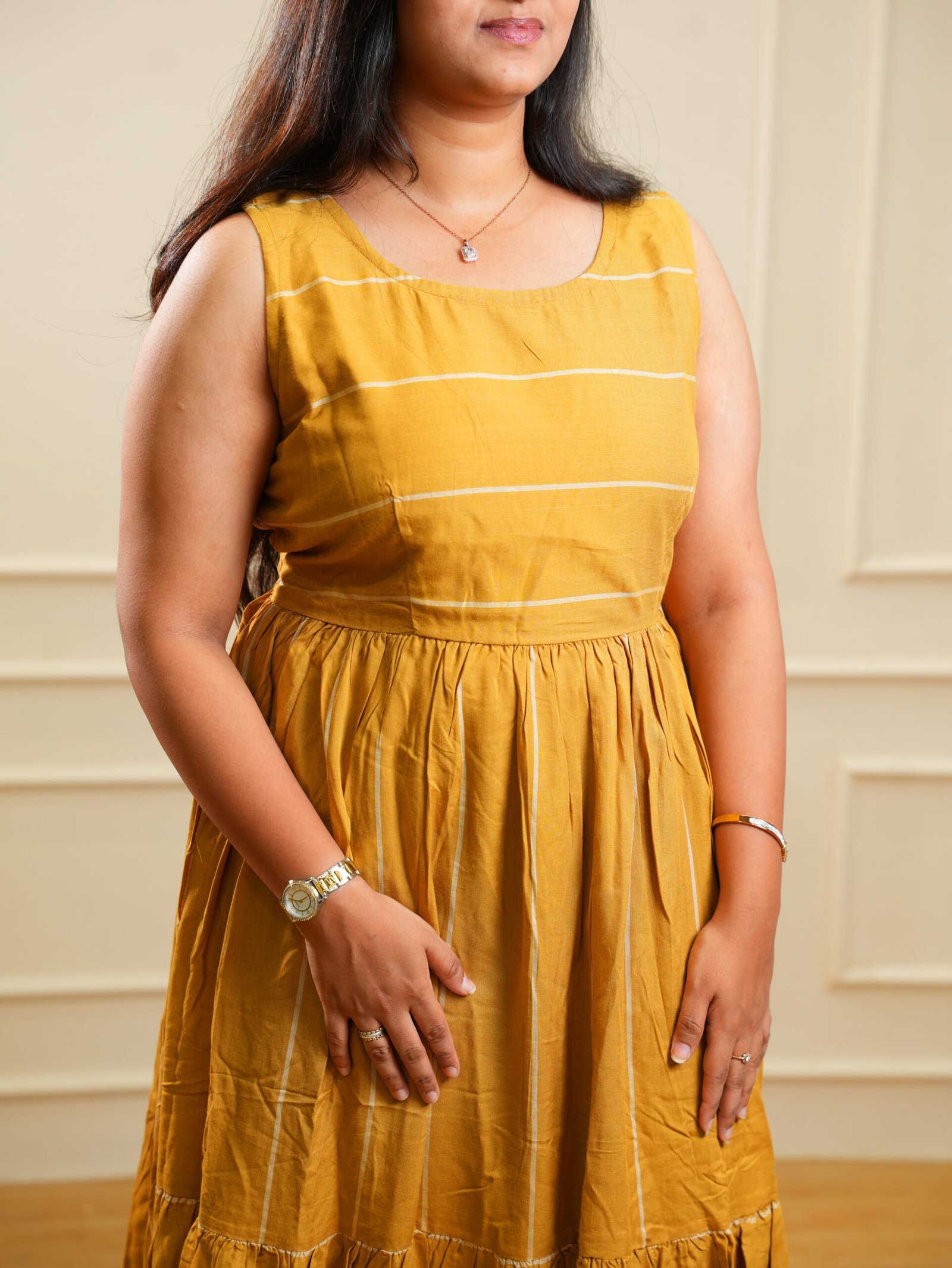 Mustard Sleeveless Tiered Ethnic Dress - Image 2