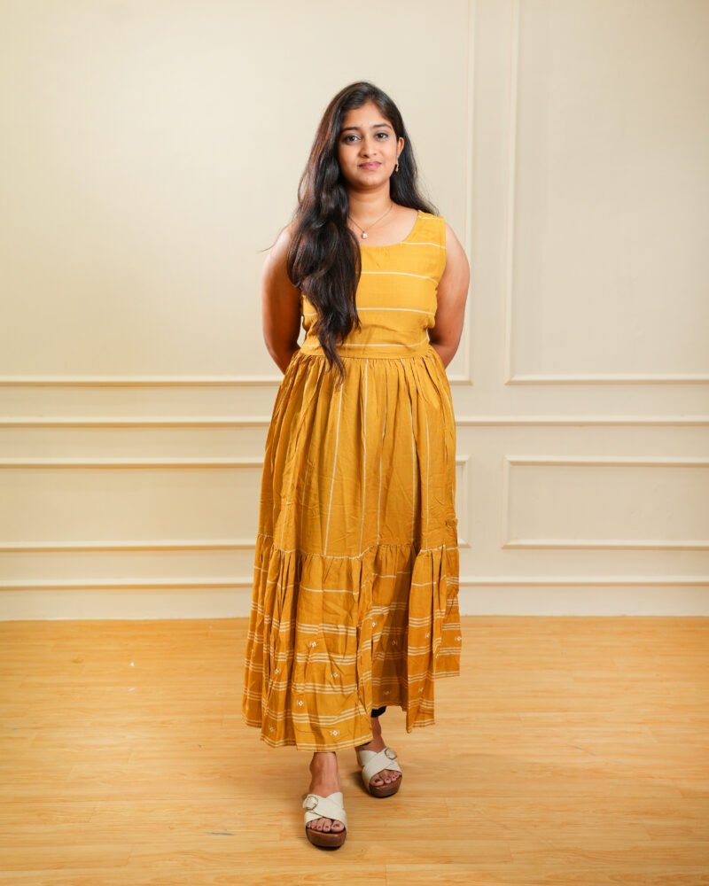 Mustard Sleeveless Tiered Ethnic Dress