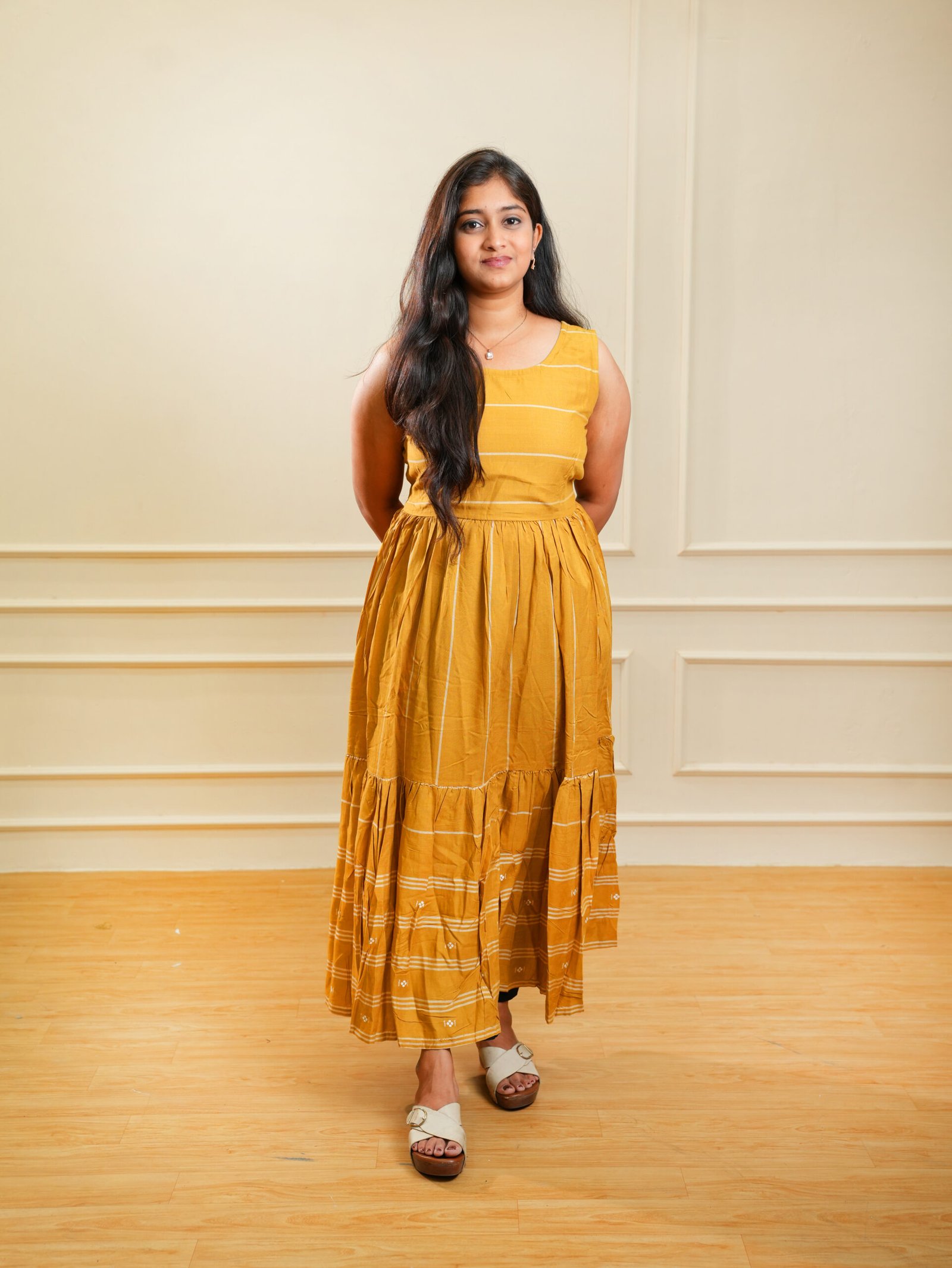 Mustard Sleeveless Tiered Ethnic Dress