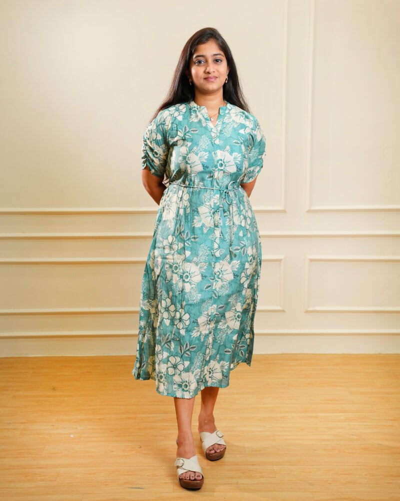 Teal Floral Printed Midi Ethnic Dress