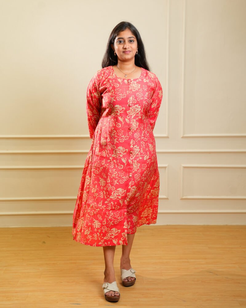 Red Floral Printed Midi Ethnic Dress