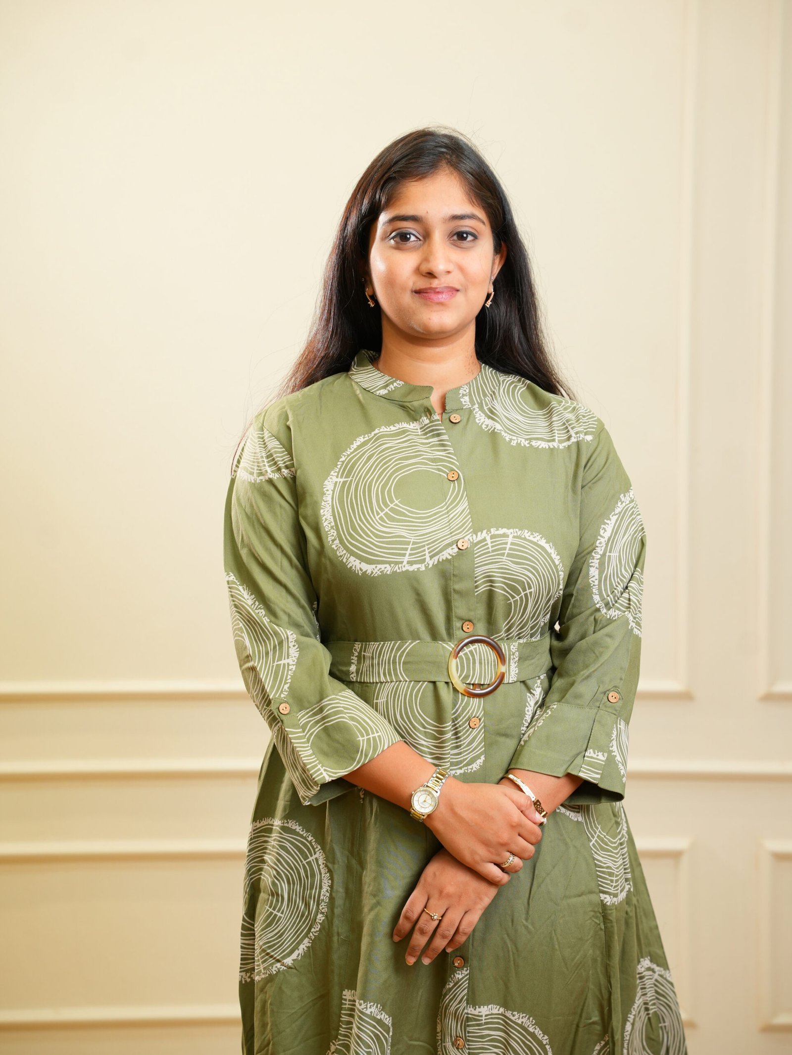 Olive Green Printed Belted Ethnic Dress - Image 3
