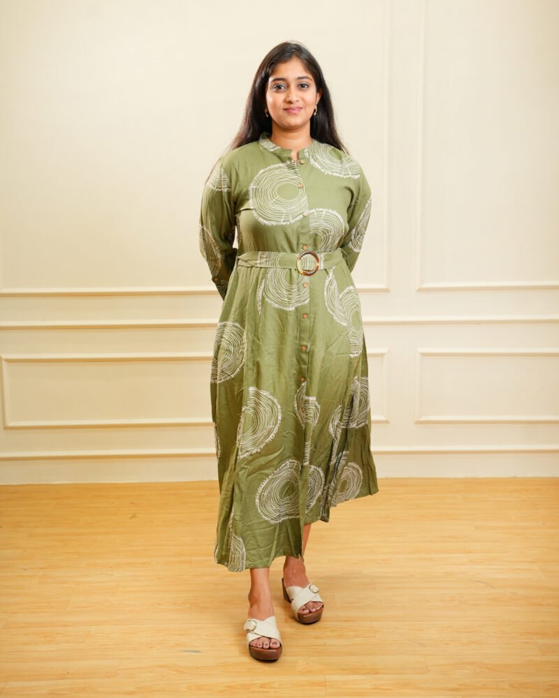Olive Green Printed Belted Ethnic Dress