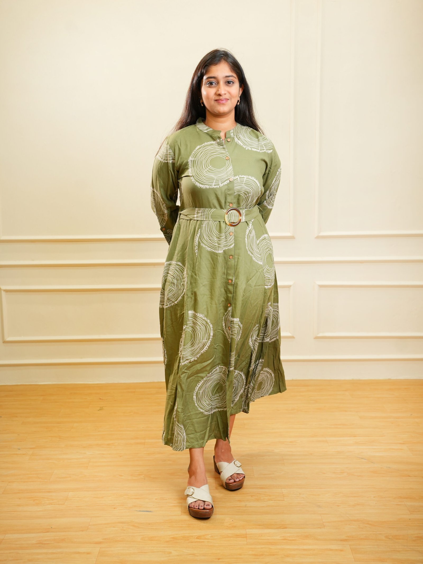 Olive Green Printed Belted Ethnic Dress