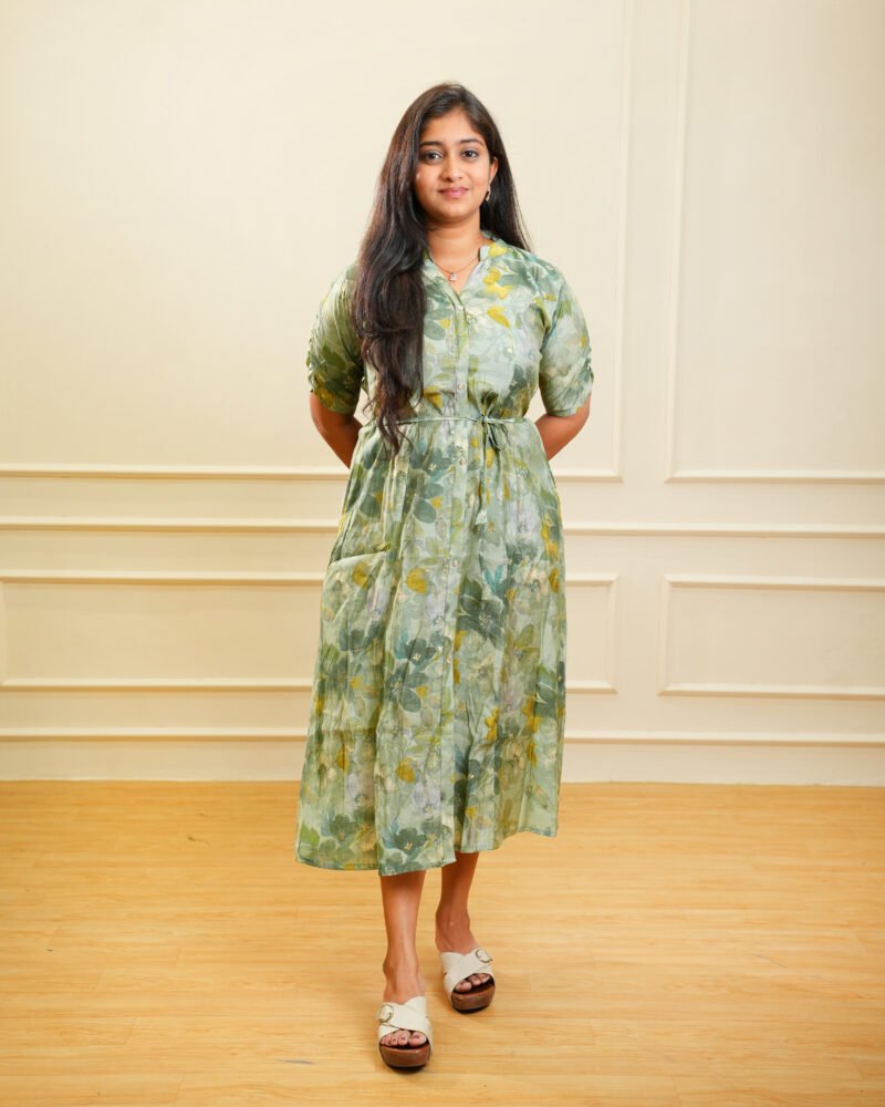 Green Floral Printed Midi Ethnic Dress