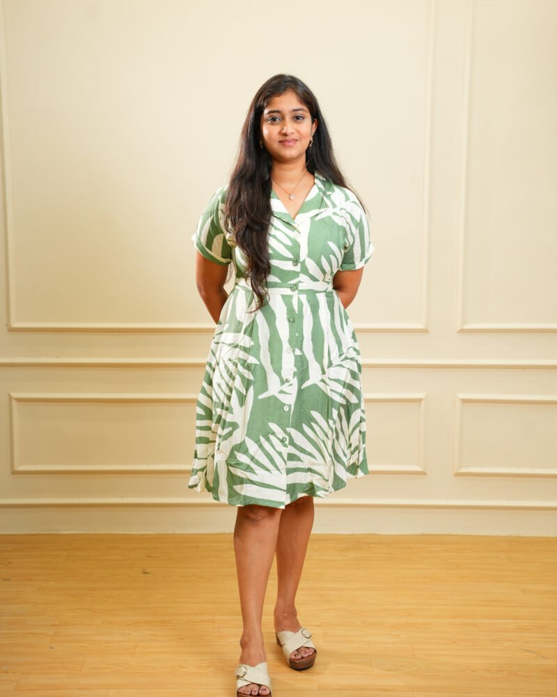 Green Leaf Print Short Ethnic Dress