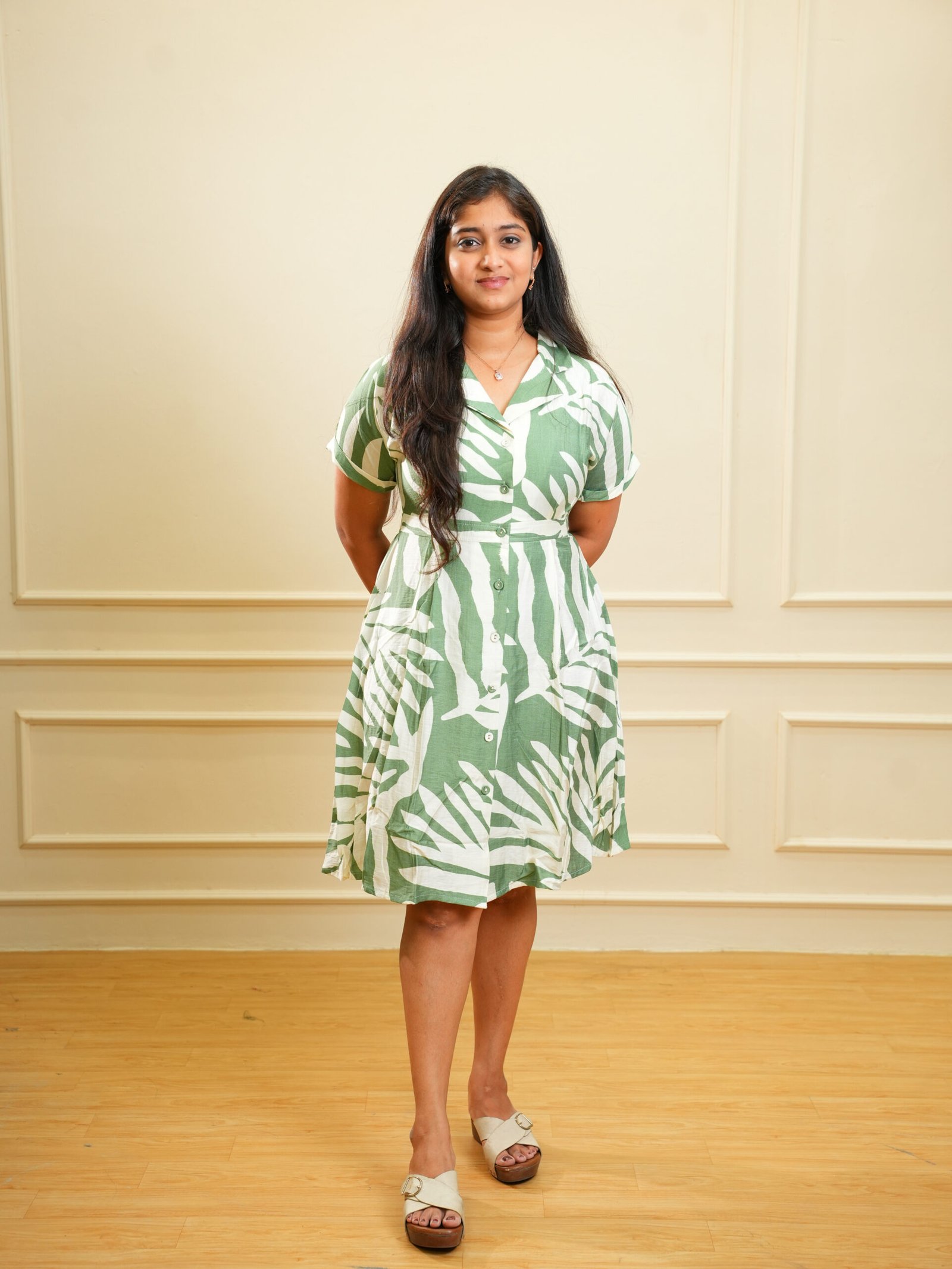Green Leaf Print Short Ethnic Dress