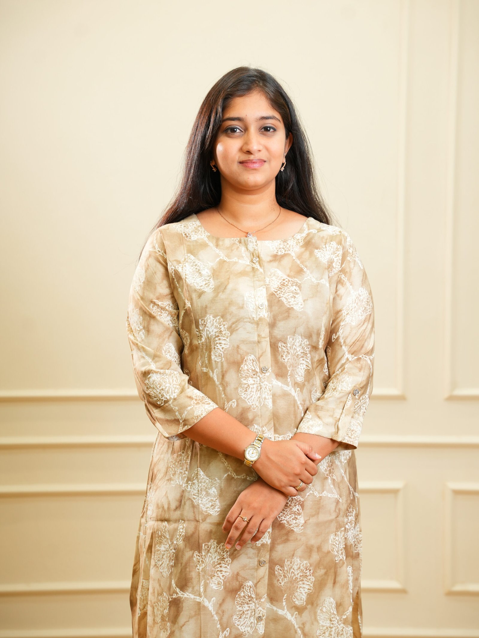 Beige Floral Printed Midi Ethnic Dress - Image 3