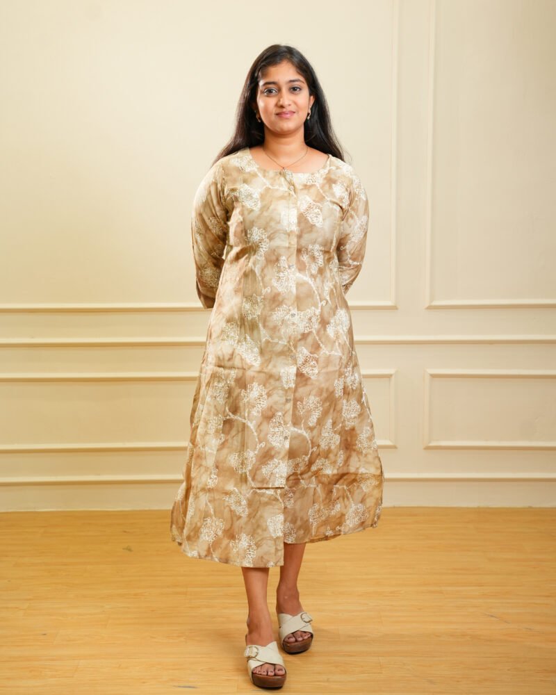 Beige Floral Printed Midi Ethnic Dress