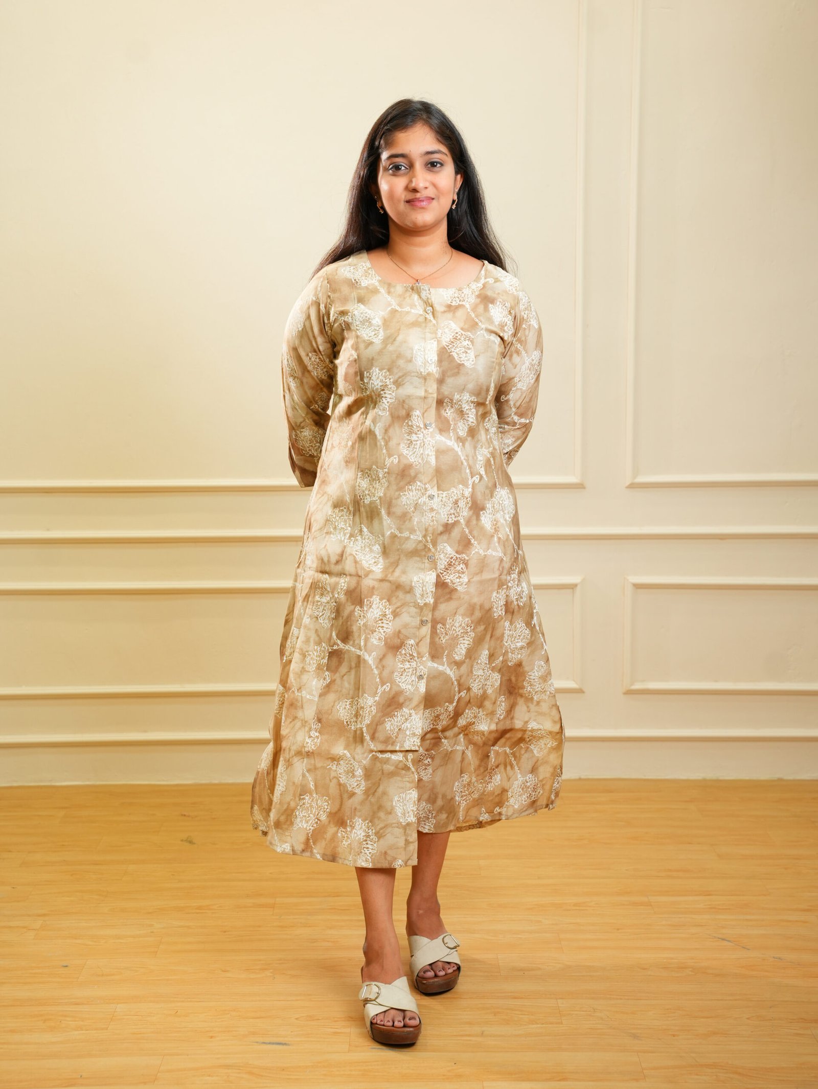 Beige Floral Printed Midi Ethnic Dress