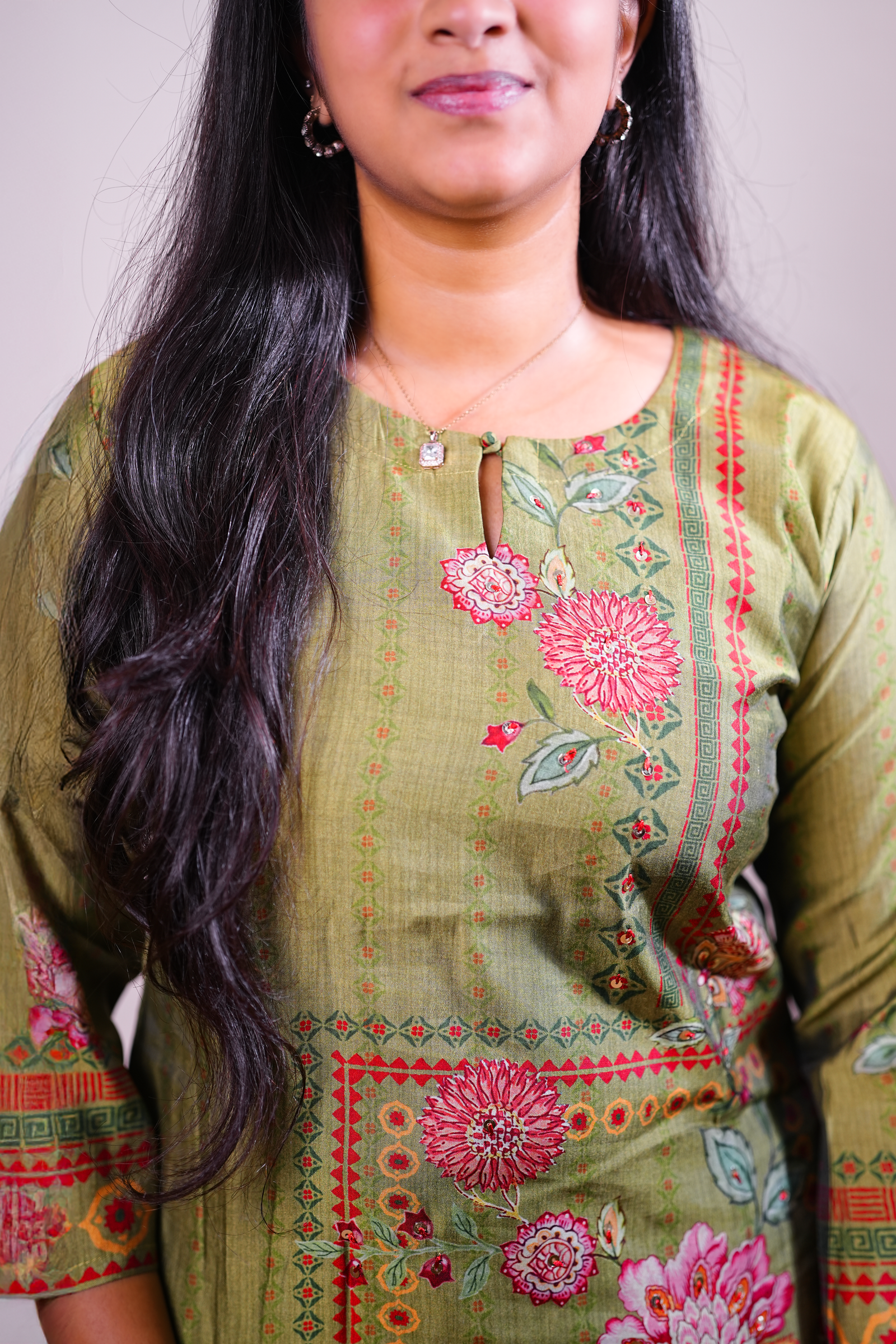 Printed Kurta Set – Olive Green - Image 2