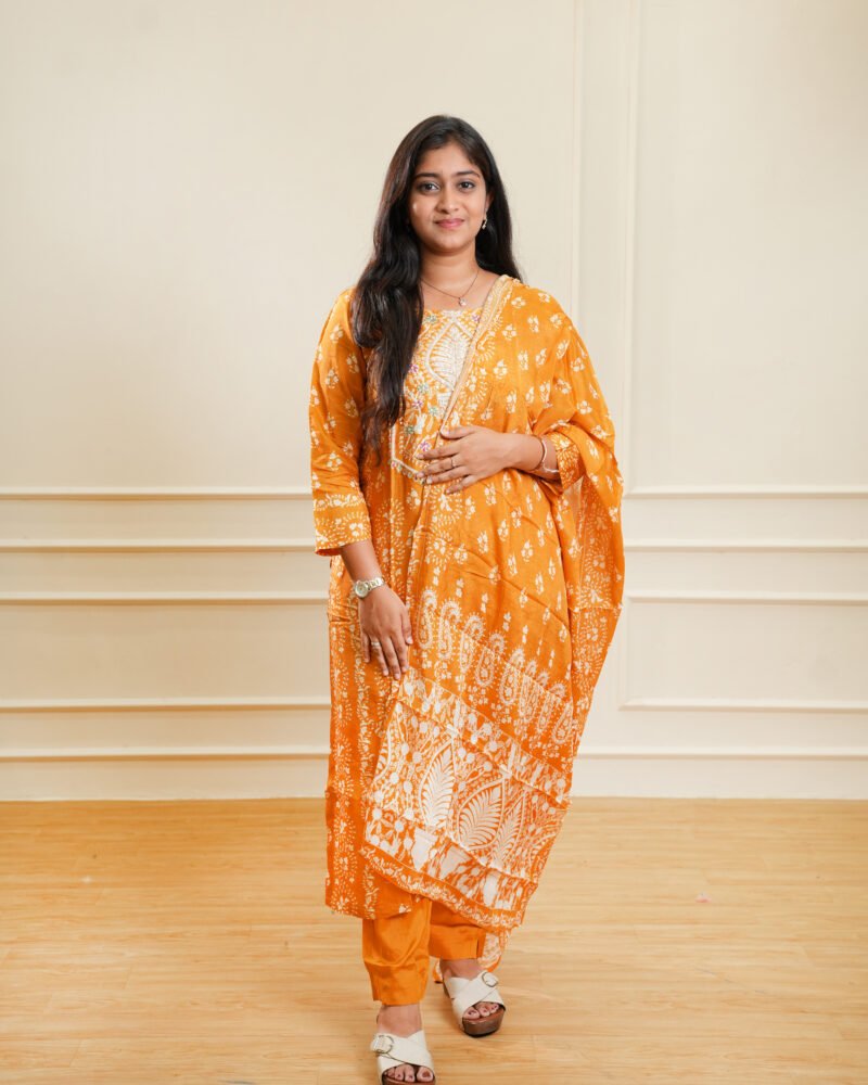 Mustard Orange Printed Kurta Set with Dupatta