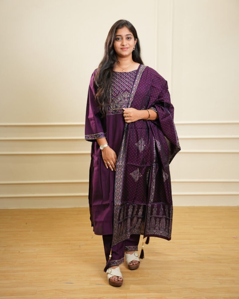 Plum Purple Printed Kurta Set with Dupatta