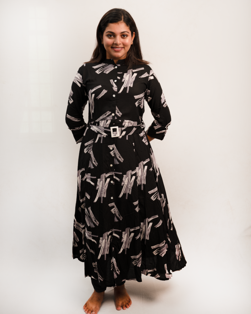 Black Abstract Print Button-Down Midi Dress with Belt