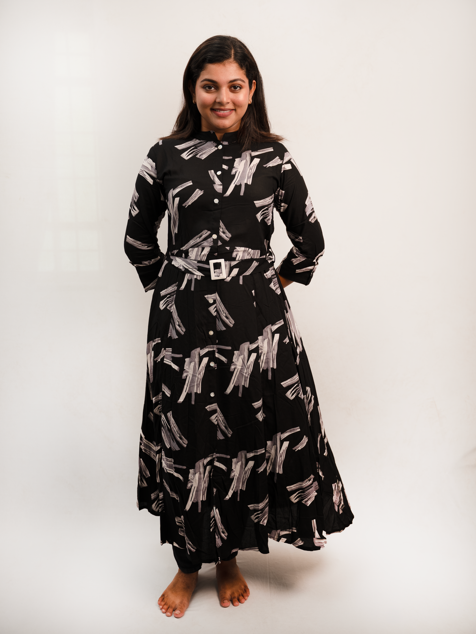 Black Abstract Print Button-Down Midi Dress with Belt