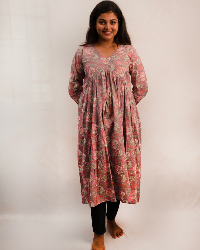 Rose Floral Print Gathered Midi Kurta Dress