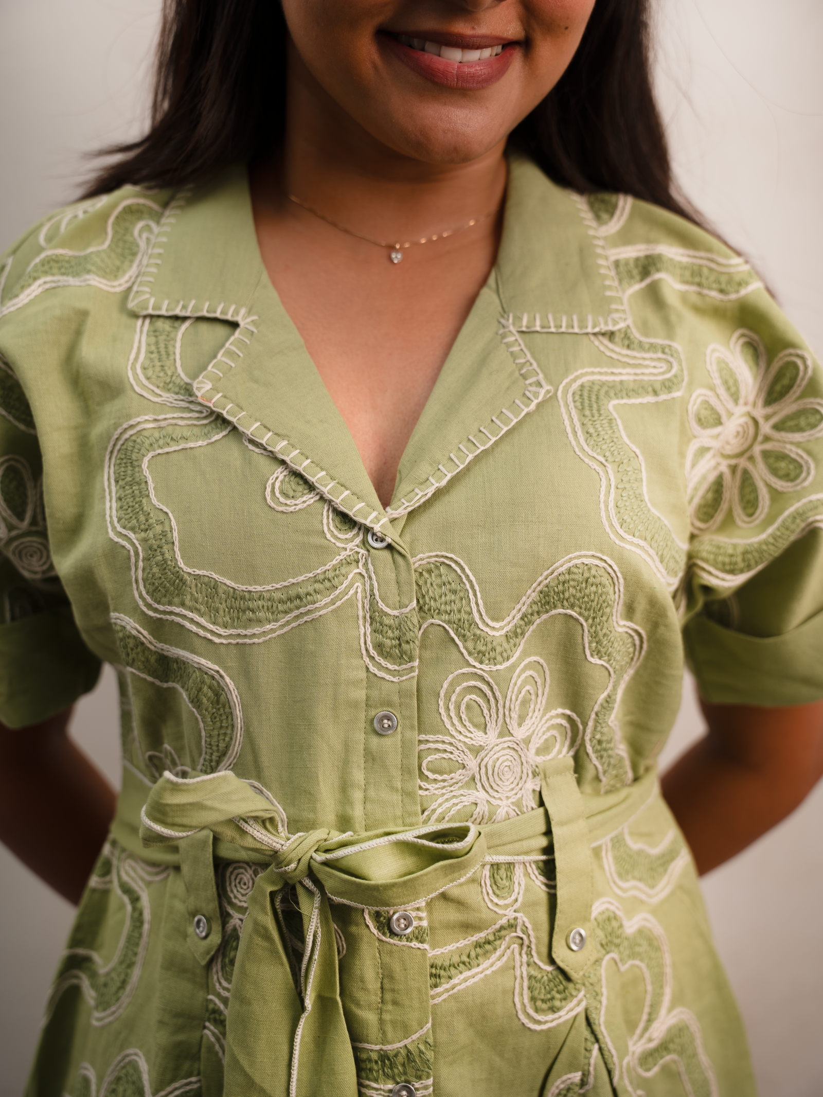 Olive Green Embroidered Floral Shirt Dress with Waist Tie - Image 2